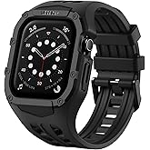 Nereides Rugged Case with Band for Apple Watch Series 9/8/7/6/5/4/SE 3/SE 2/SE 44mm/45mm, Breathable TPU Sport Strap + PC Protective Bumper, Shock-Resistant, Sweat & Water-Resistanty (Black)