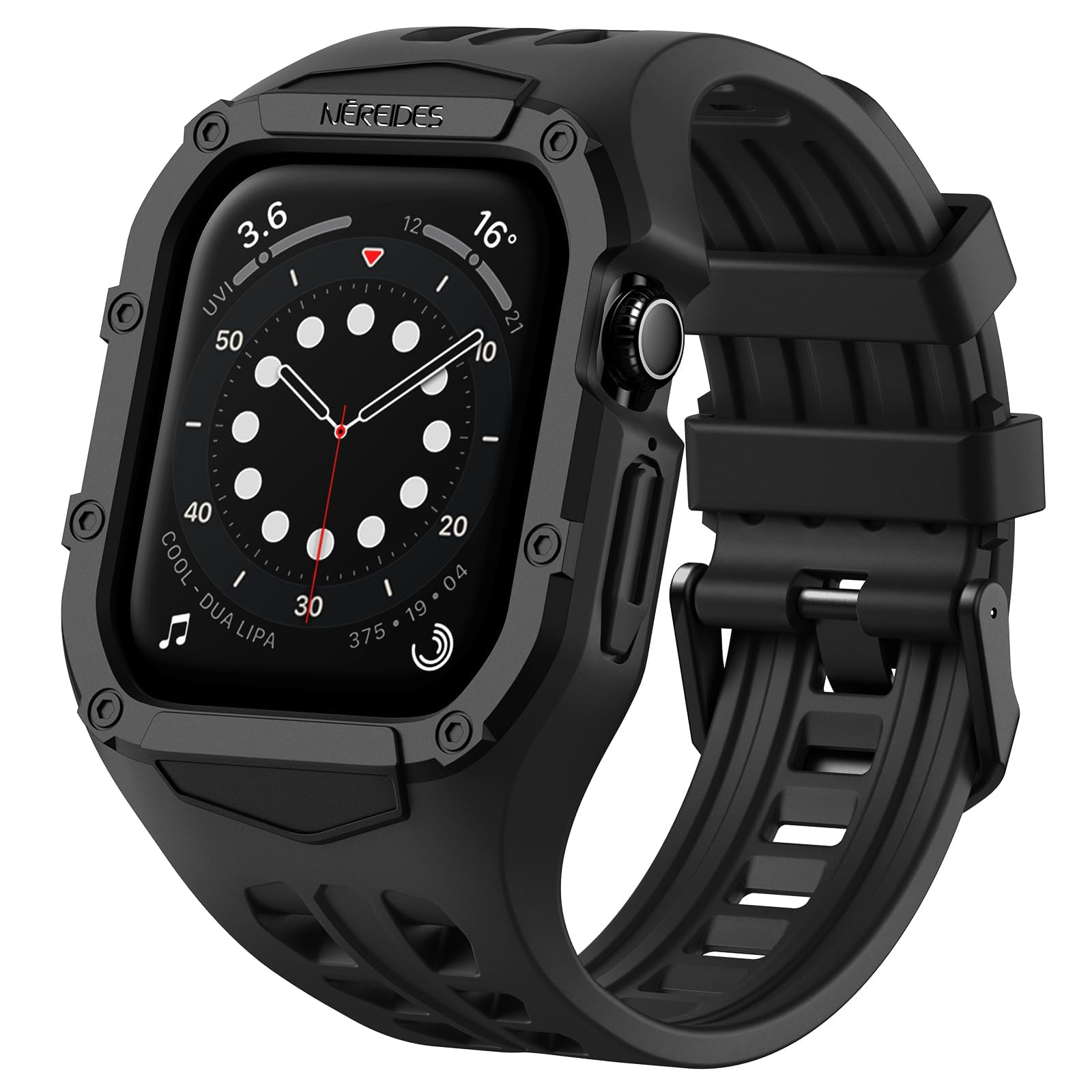 Nereides Rugged Case with Band for Apple Watch Series 9/8/7/6/5/4/SE 3/SE 2/SE 44mm/45mm, Breathable TPU Sport Strap + PC Protective Bumper, Shock-Resistant, Sweat & Water-Resistanty (Black)