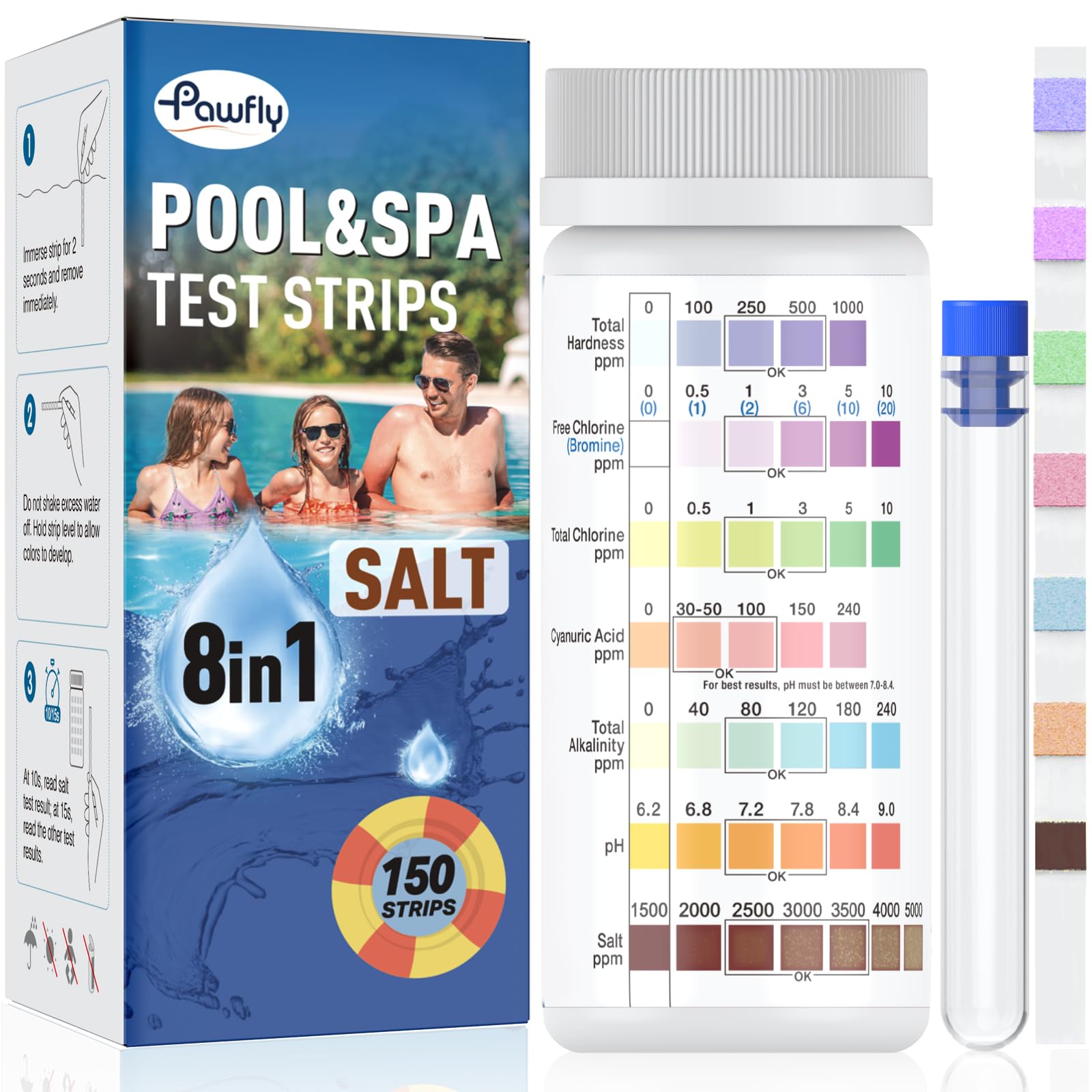 Pawfly 8 in 1 Clearwater Hot Tub Test Strips Pool and Spa 150 Testing Strips Water Test Kit Accurate for pH Chlorine Total Chlorine Hardness Bromine Cyanuric Acid Alkalinity