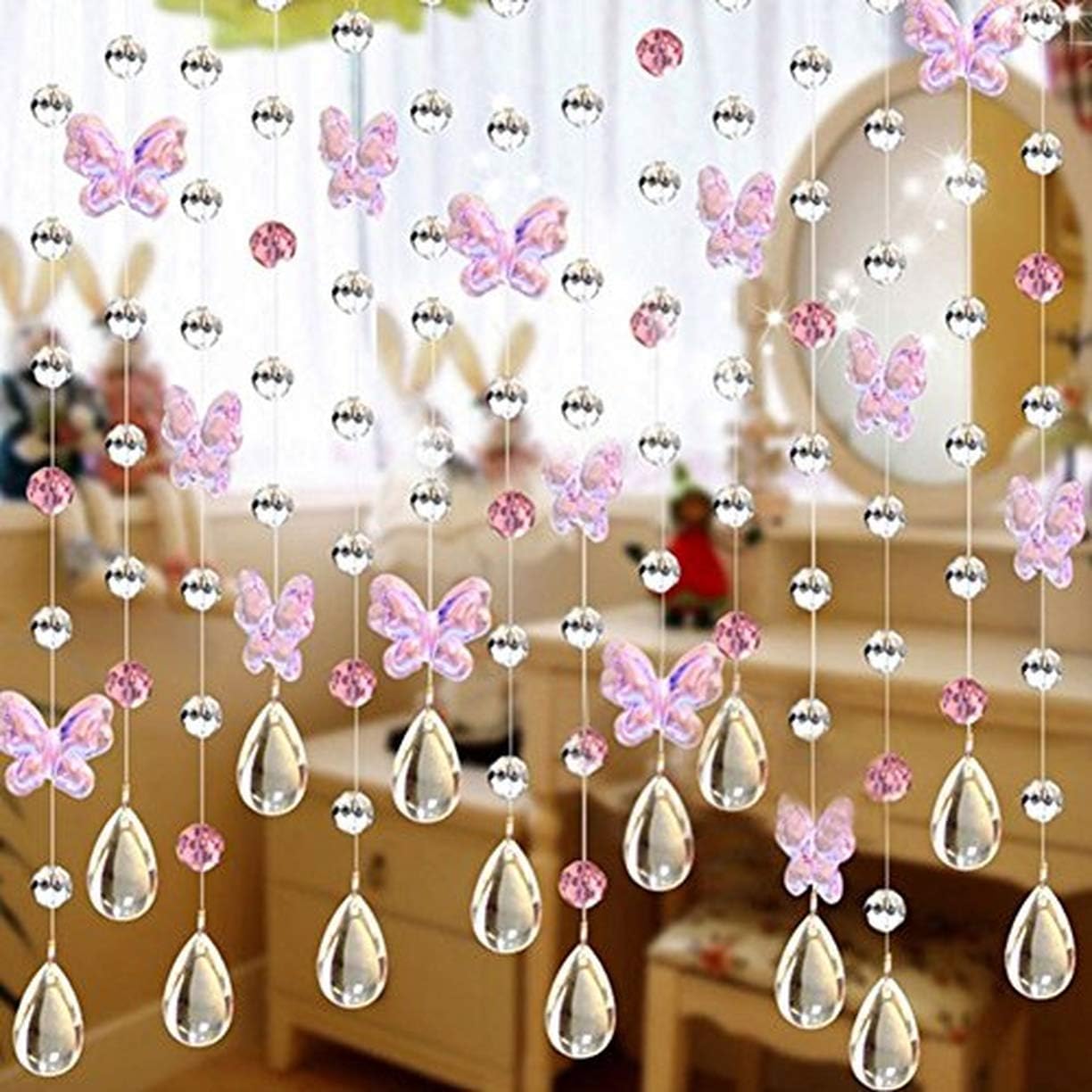 Crystal Chains Door Curtain Space Transparent Glass Crystal Pendant Romantic Droplets Butterfly Crystals Beads Strands Hanging (Pink)