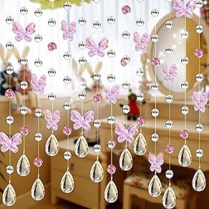 Crystal Chains Door Curtain Space Transparent Glass Crystal Pendant Romantic Droplets Butterfly Crystals Beads Strands Hanging (Pink)