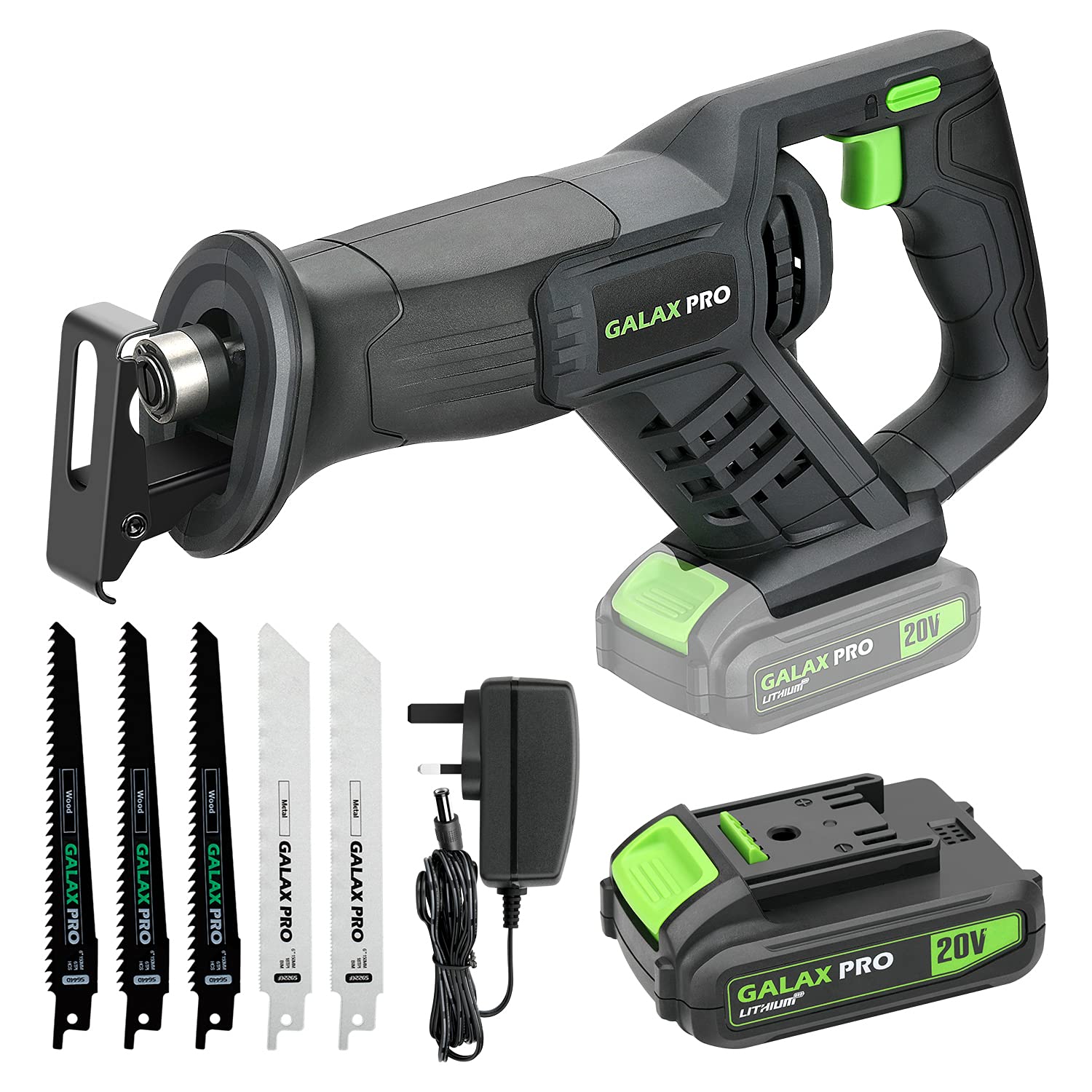 GALAX PRO Reciprocating Saws 20V, Variable Speed 0-3000 SPM Cordless Reciprocating Saw, Tool-Free Blade Change, 5pcs Saw Blade, with 2.0Ah Batteries & Fast Charger