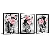 Visual Art Decor Flower Painting Floral Pictures Canvas Print, Woman Girls Bathroom Decor Bedroom Wall Decor Framed 12x16inchx3Pieces, Black Frame (Pink)