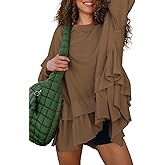 MAOECO Womens Long Sleeve Oversized Tshirts Flowy Peplum Top Loose Fit Tunics Tops to Wear With Leggings Workout Shirts Khaki