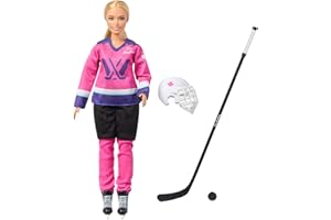 Poupée Barbie Tim Hortons PWHL 2025 en maillot de hockey rose, violet et bleu sarcelle, comprend une crosse de hockey, une ro