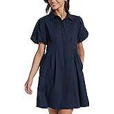 D-Sun Women's Short Puff Sleeve Shirt Dress Button Down Pleated Mini Dress Casual Short Dresses