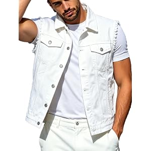 Huang's Men's Denim Vest, Sleeveless Button-Up Jacket for Streetwear&Daily Wear, Vintage Ripped Jean Vest for Outdoor&Travel