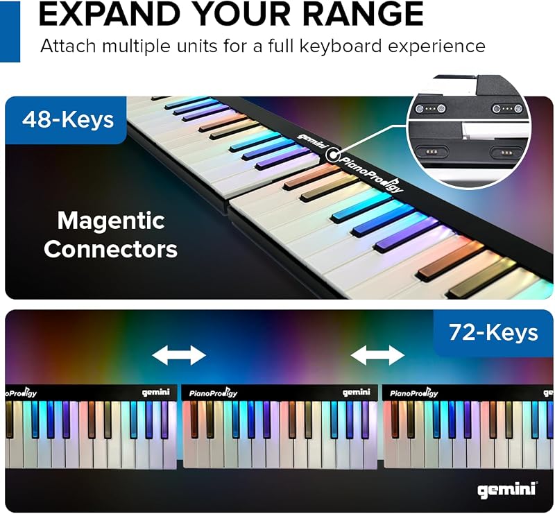 Sound PianoProdigy – Clavier à 24 touches Bluetooth éclairé – Piano portable et extensible pour musiciens débutants – Contrôleur MIDI sans fil pour dispositifs iOS/Android (appli requise)