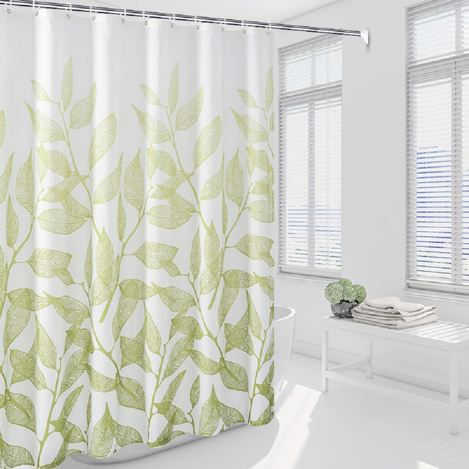 Tennove Shower Curtain 200 x 200cm Green Plants Thick Polyester Fabric Mildew Resistant Shower Curtain Liner for Bathroom Waterproof Long Bath Curtain with Hooks,Machine Washable Heavy Weighted — image 1