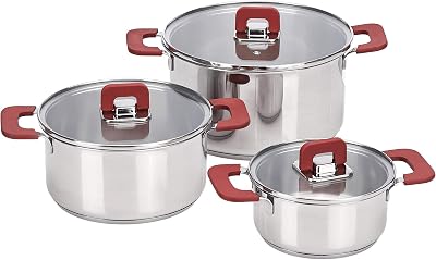 Batterie de Cuisine à Induction 3 Pièces en Acier Inoxydable - avec Couvercle Empilable, Poignée au Toucher Doux - 16/20/24 cm