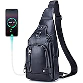 BULLCAPTAIN Men Sling Crossbody Bag with USB Charging Port Genuine Leather Shoulder Chest Bag Travel Hiking Backpack (Black)