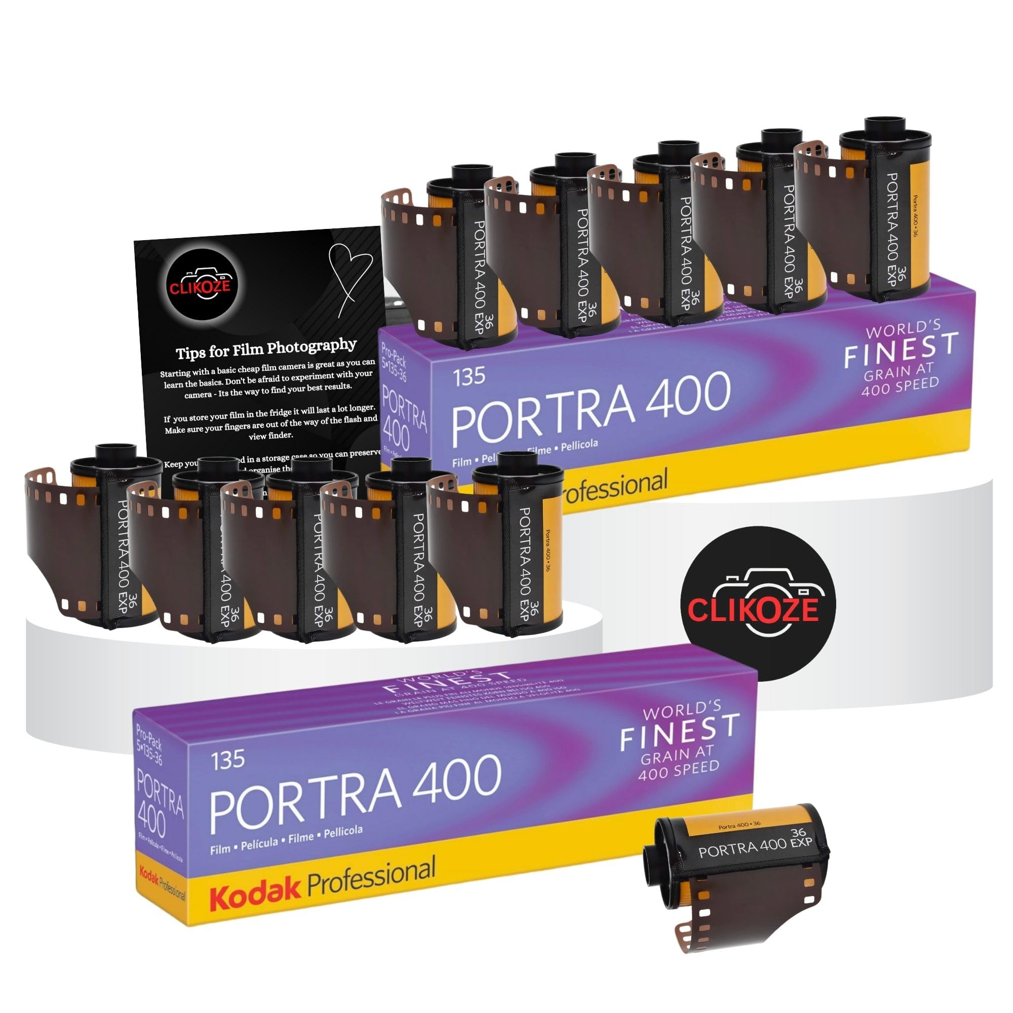 Kodak Portra 400 35mm Film Bundle - 5 Pack Color Negative, 36 Exposures (2 Packs) With Clikoze Camera Photography Tips Card