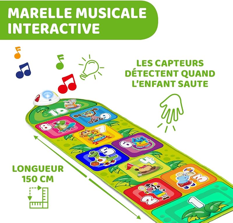 Marelle de la Jungle Tapis de Jeu Musical pour Bébés et Enfants, Jouet Electronique et Interactif avec Sons et Lumières, Jeu de la Marelle, 2 Modes de Jeu, 150 cm - Jouet Enfant de 2 à 5 Ans