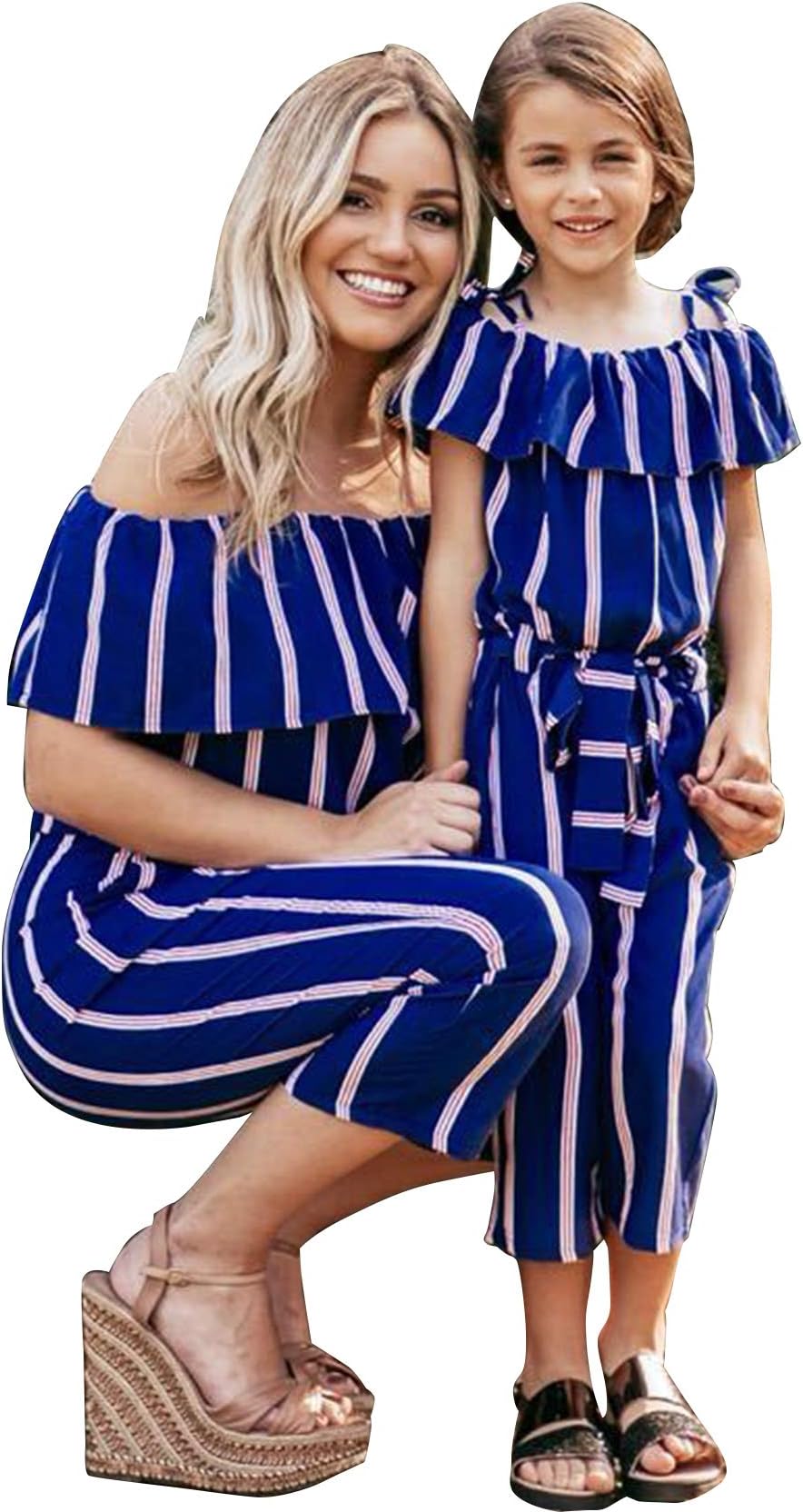 Family Matching Striped Jumpsuit Mommy&Me Off Shoulder Long Sleeve Long Pants.