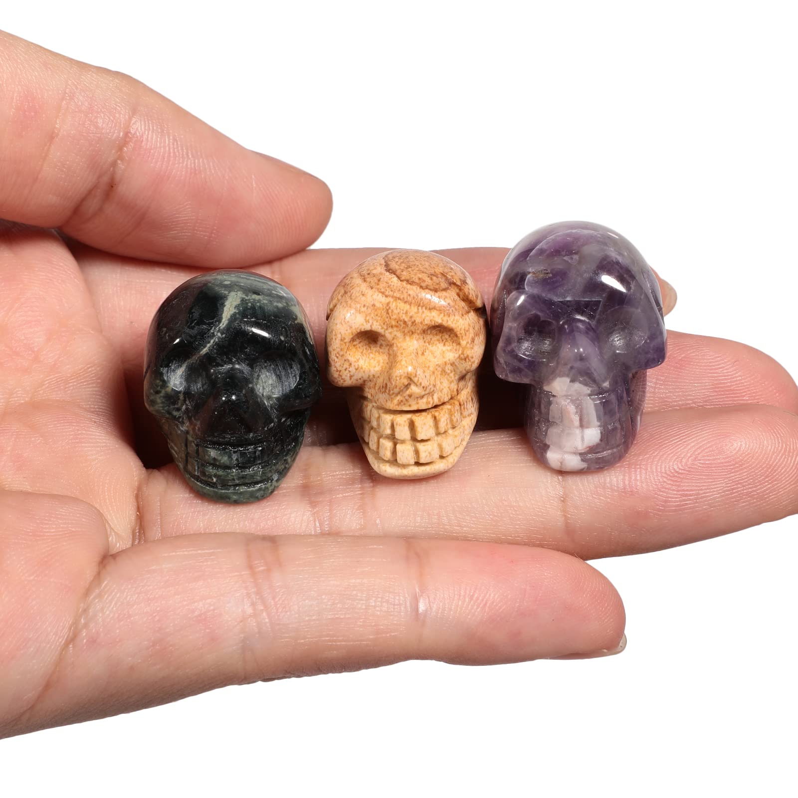 Loveliome Mini Picture Jasper Amethyst and Kambaba Jasper Healing Crystal Human Skull, 1 Inch Handcarved Figurine Statue Decor,Pack of 3