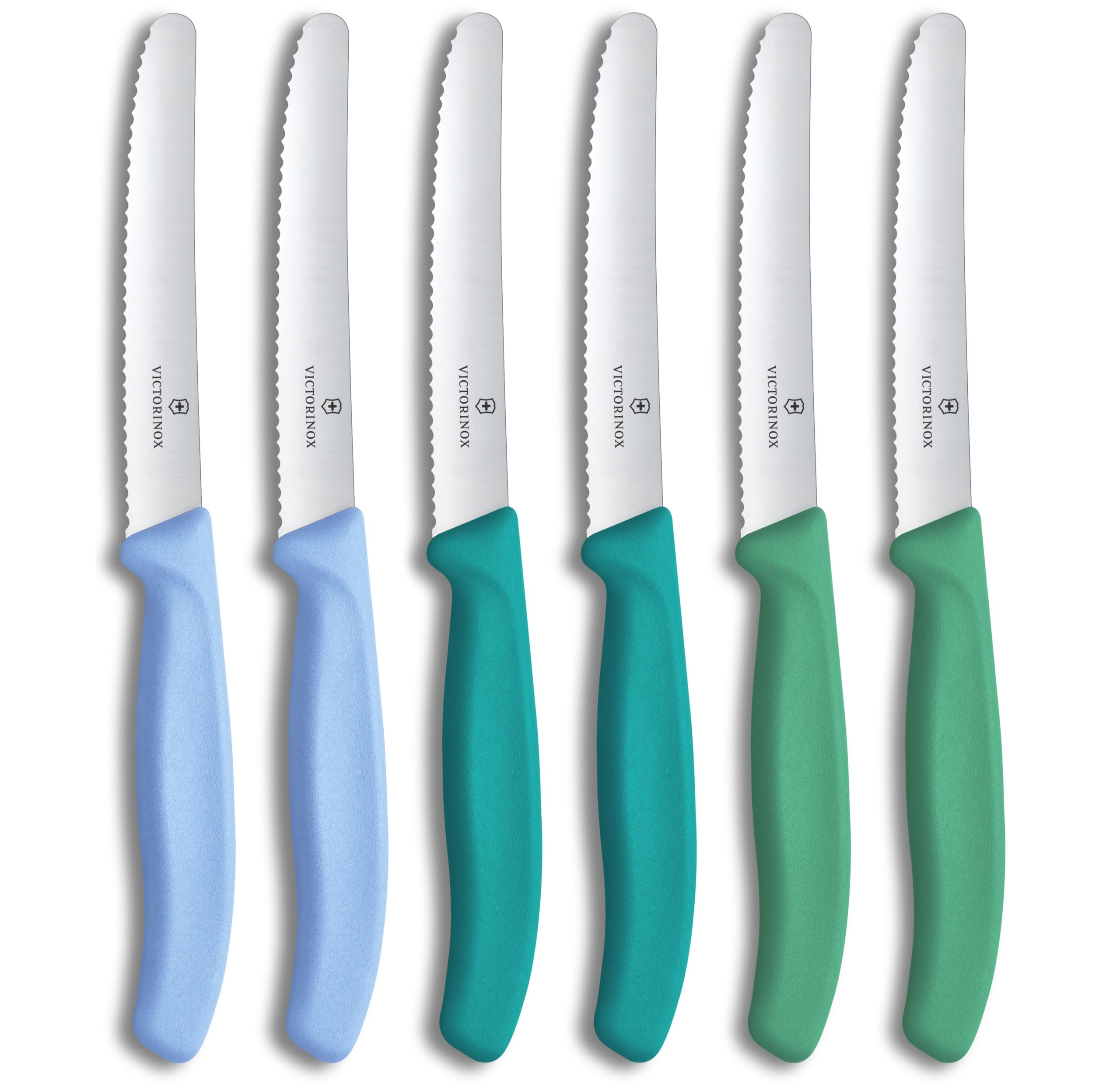 Victorinox Swiss Classic, Frühstücksmesser, Brötchenmesser Set, 6teilig, Scharfe Klinge, Wellenschliff, 11cm, Rostfreier Stahl, Blau und Grün
