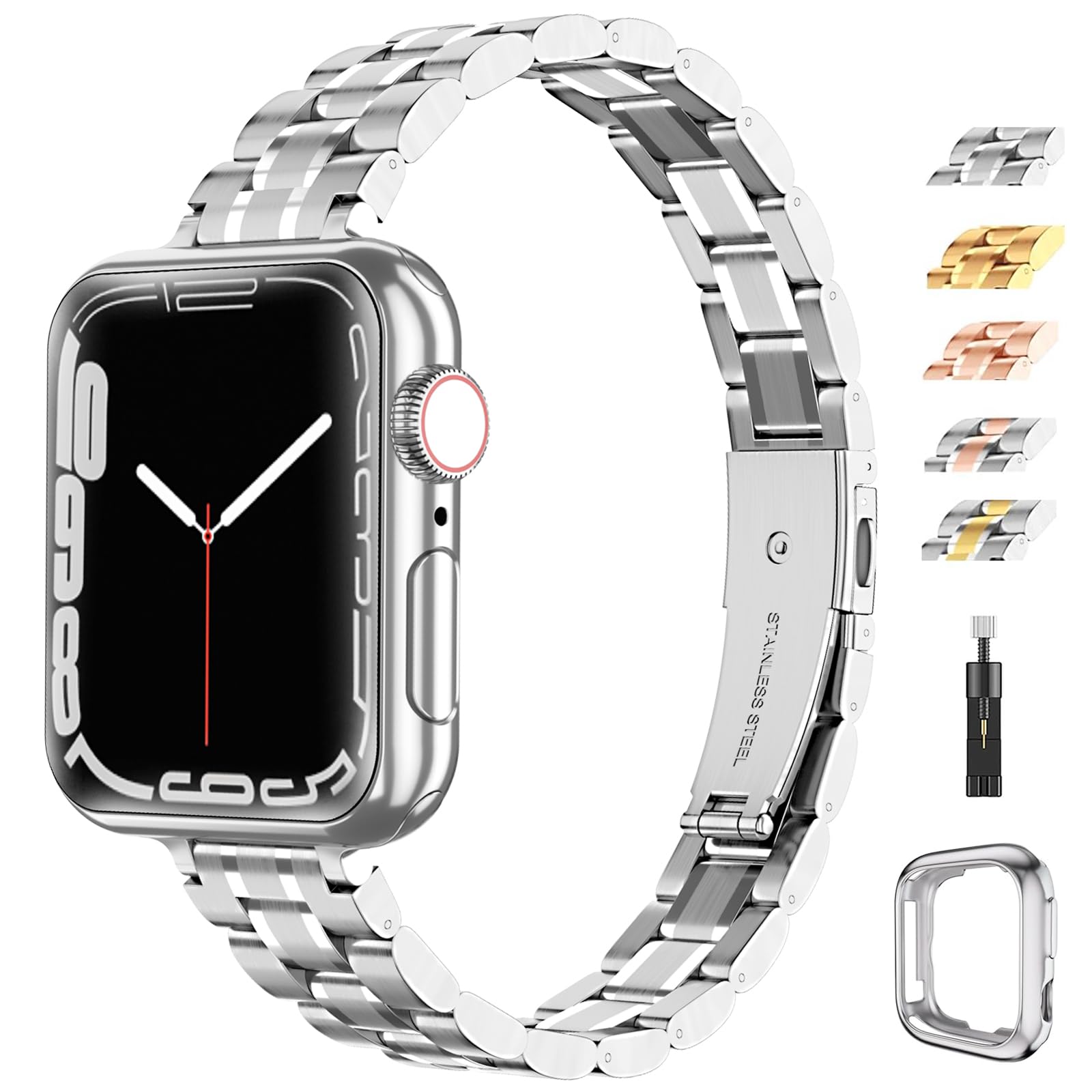 chuangshiji Metal Strap Compatible with Apple Watch Strap Series 9 8 7 6 5 4 3 2 1 SE, Adjustable Replacement for iWatch Strap 45mm 44mm 42mm Stainless Steel Band for Apple Watch Women Men, Silver