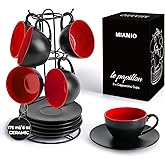 MIAMIO - Set of 6, Ceramic Stackable Cappuccino Cups Set / 6 Ounce Cappuccino Mugs and Saucer with Metal Stand for Coffee Drinks, Cafe, Latte, Americano and Tea - Le Papillon Collection (Red)