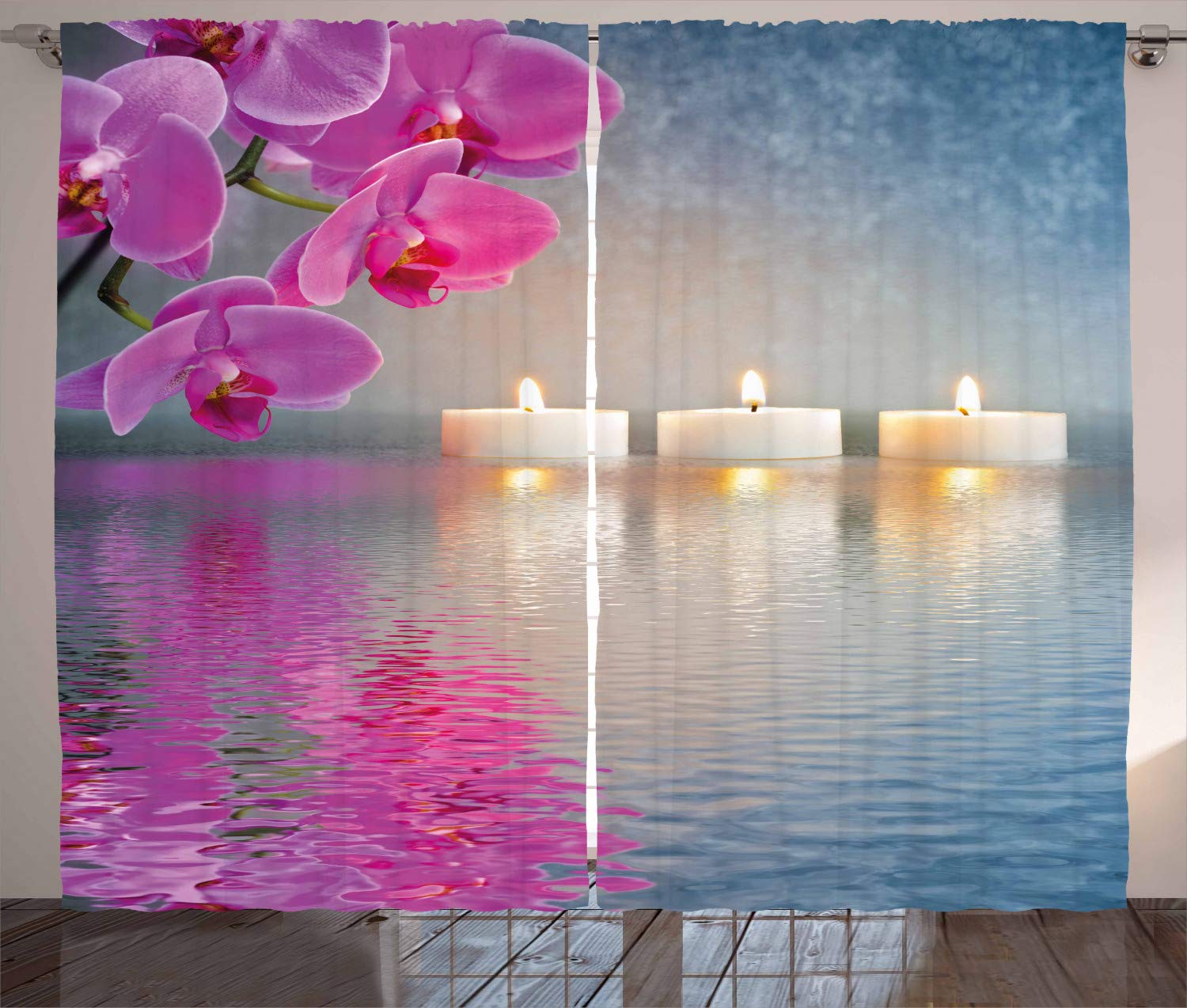 ABAKUHAUS Peace Curtains, Japanese Candle Relaxing Environment Cherry Blossoms Inspirations Image, Living Room Bedroom Window Drapes 2 Panel Set, 89 L X 110 W, Lavender Pink Blue