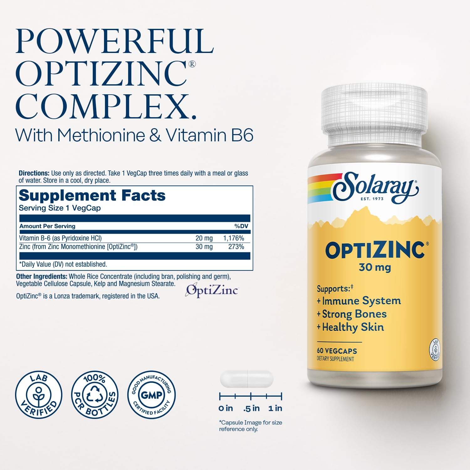 SOLARAY OptiZinc 30mg Immune Support Supplement - Zinc Supplements for Men and Women w/Vitamin B6 - Strong Bones and Skin Health Support - High Absorption - 60-Day Guarantee, 60 Servings, 60 VegCaps
