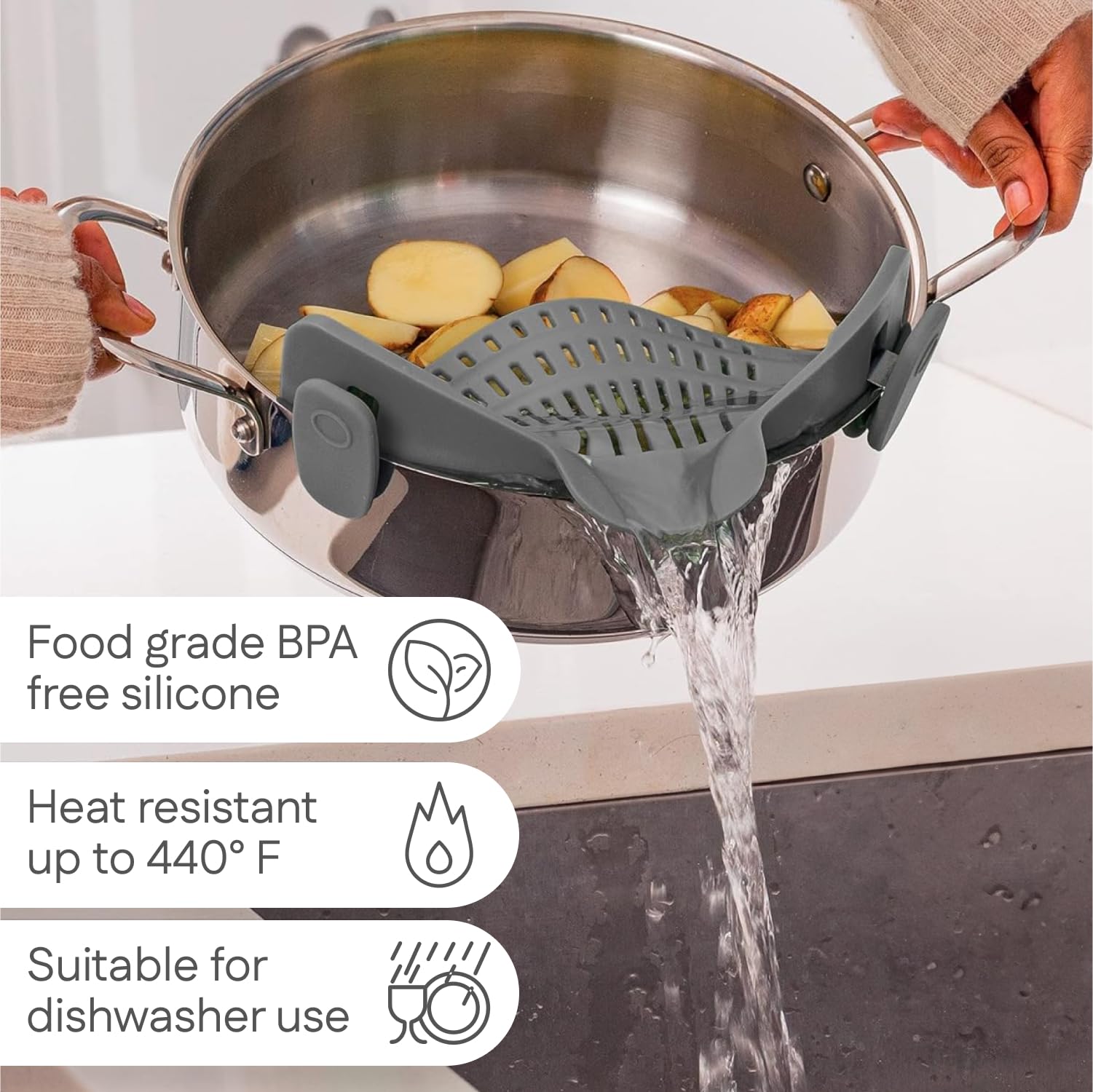 Kitchen Gizmo Snap N' Strain - Silicone Pasta Strainer Clip-On for Pots and Pans - Heat Resistant Colander for Vegetables and Noodles - Kitchen Gadgets for Cooking - Space-Saving Design - Gray