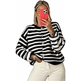 Milumia Women's Striped Button Up Cardigan Sweater Y2k Fall Long Sleeve Crewneck Oversized Sweater Top