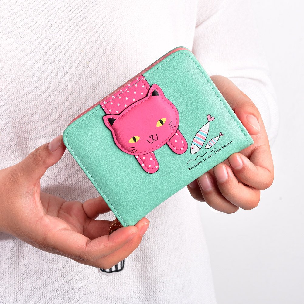 Vbiger Geldbörse Mädchen Kleine Geldbeutel Portemonnaie Damen Niedliche Katzen Muster Geldbörse für Kinder Wasser grün