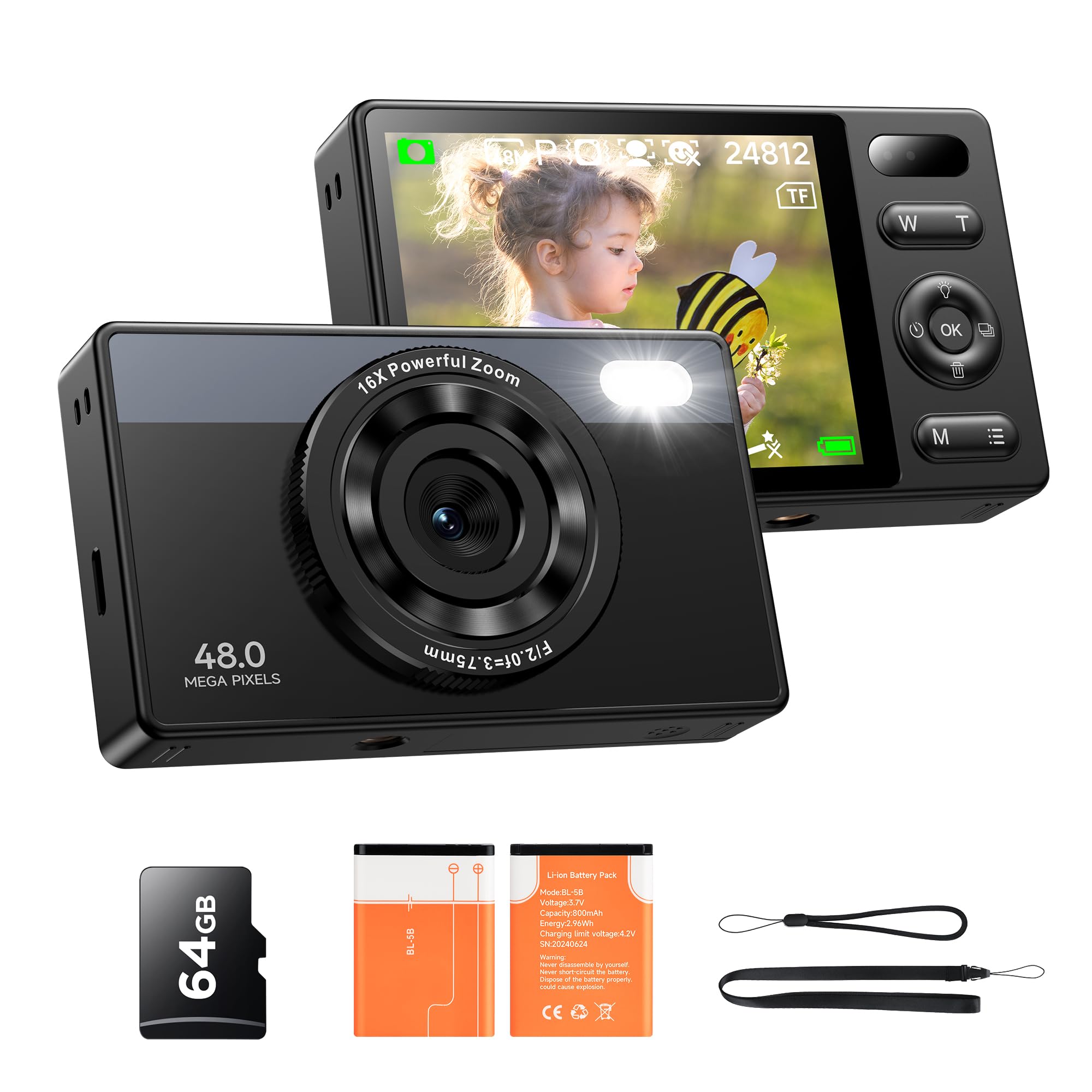 64GB Digital Camera for Kids: 48MP Anti-Shake Vlogging Camera - 16X Zoom, Photo Filtration, Continuous Shooting, Self-Timer, Compact Design
