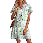 Dokotoo Womens Summer Dresses 2026 Boho Floral V Neck Drawstring Ruffle Short Sleeve Casual A-Line Swing Mini Dress Sundress