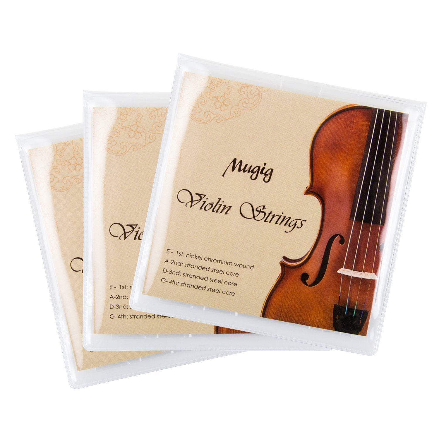 Mugig Full Set Violin Strings Size 4/4 & 3/4 Violin Strings, Package of 3, for Violin Strings, Set of 4