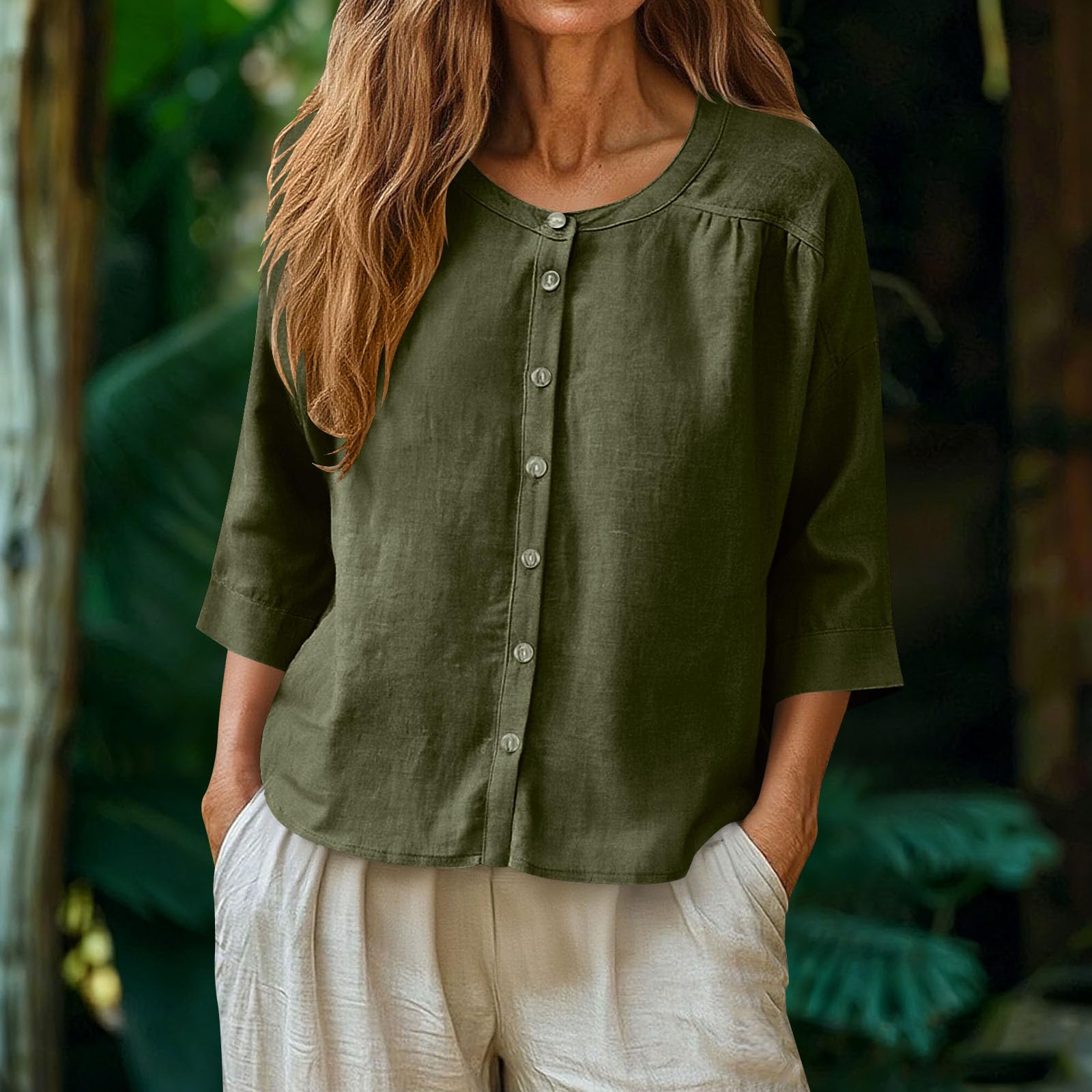 Linen Button Down Shirts for Women UK 3/4 Sleeve Tunic Tops Round Neck Gauze Blouse Casual Loose Fit Top Breathable Lightweight Linen Tops for Beach Vacation Work Office Wear Navy