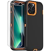 Annymall for iPhone 13 Pro Case with 2 Screen Protector,Shockproof Drop Protection Full Body Heavy Duty 3 Layer Military Rugged Durable Phone Cover for Apple iPhone 13 Pro 6.1" (Black/Orange)