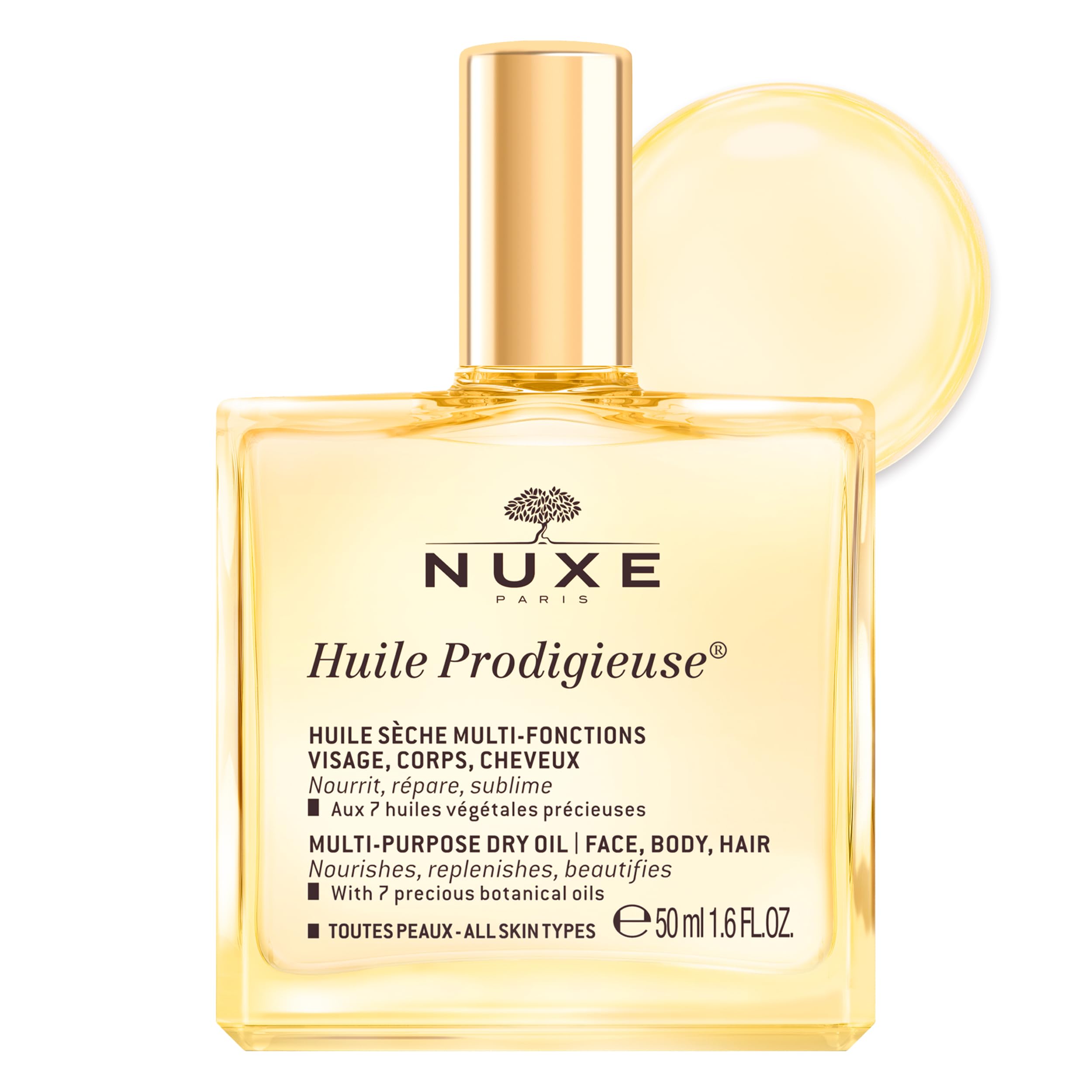 Nuxe Huile Prodigieuse Multi-Purpose Dry Oil 50ml, Legendary Dry Oil, Nourishes, Repairs & Beautifies Face, Body & Hair, Multi-Purpose Vegan Formula
