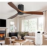 Sofucor 52 Inch Solid Wood Ceiling Fan Without Lights Flush Mount Ceiling Fan with Remote Control-Wood Blades Modern Outdoor Ceiling Fans No Light for Bedroom/Farmhouse/Patio/Indoor, Brown Black