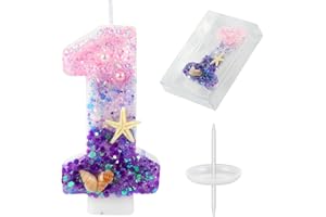 AKURIEEY Birthday Candles, Pink and Purple Number 1 Candles Decorated with Conchs Starfish and Pearls for Mermaid Theme Party Cake Topper Supplies (Number 1)