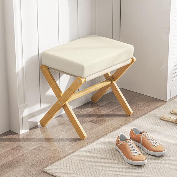 BAMBOOHOMIE FOLDABLE FOOT STOOL OTTOMAN, MODERN FOOT REST WITH BAMBOO X LEGS & THICK FOAM CUSHION, FOLDING FOOT STOOLS SMALL PADDED FOR BEDROOM LIVING ROOM, FOOTSTOOL FOR CHAIR COUCH (NATURAL – BEIGE)