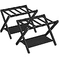 SONGMICS Luggage Rack, Set of 2, Folding Suitcase Stand with Storage Shelf, for Guest Room, Hotel, Bedroom, Heavy-Duty, Holds up to 131 lb, Ink Black URLR007B02