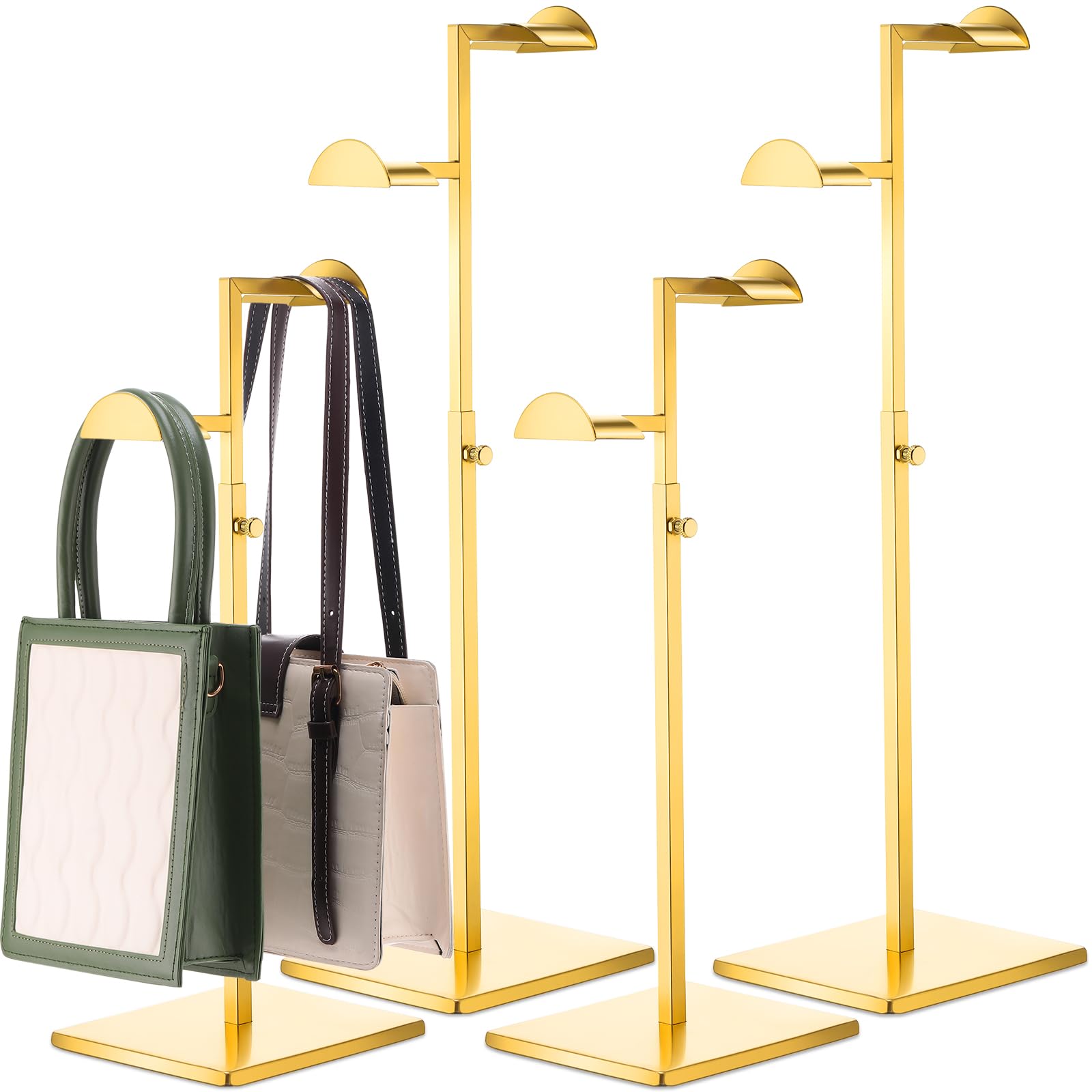 Photo 1 of Hicarer Stainless Steel Purse Display Stand Adjustable Height Handbag Display Stand Hanging Double Hook Polished Hanger Bag Holder Hat Jewelry Rack for Boutique Store(Gold,4 Pcs)