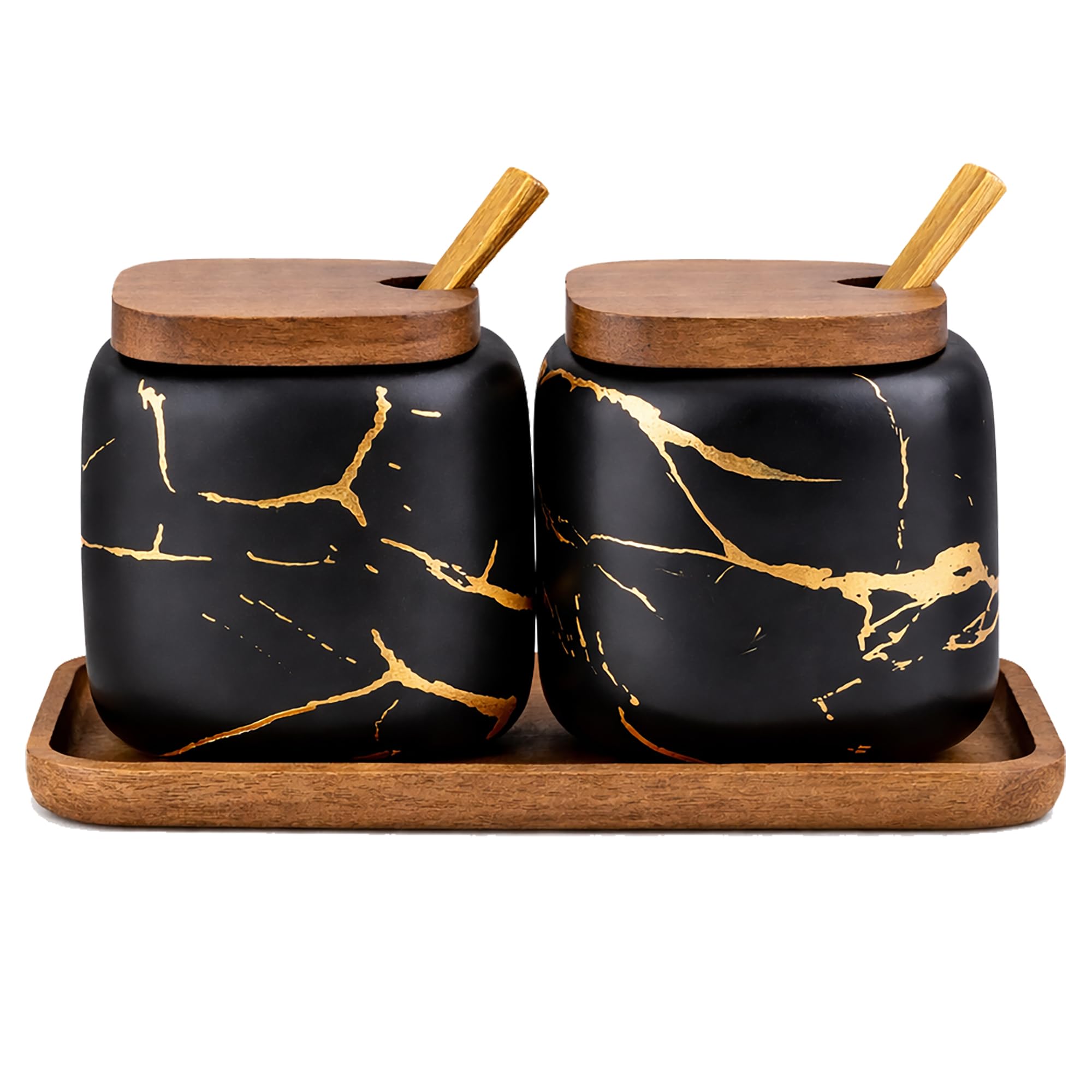 View 1 of **INCOMPLETE, NO SPOONS** KIDYBELL 2 Sets of Marble Ceramic Seasoning Jars Ceramic Sugar Bowl with Lids and Tray (black)