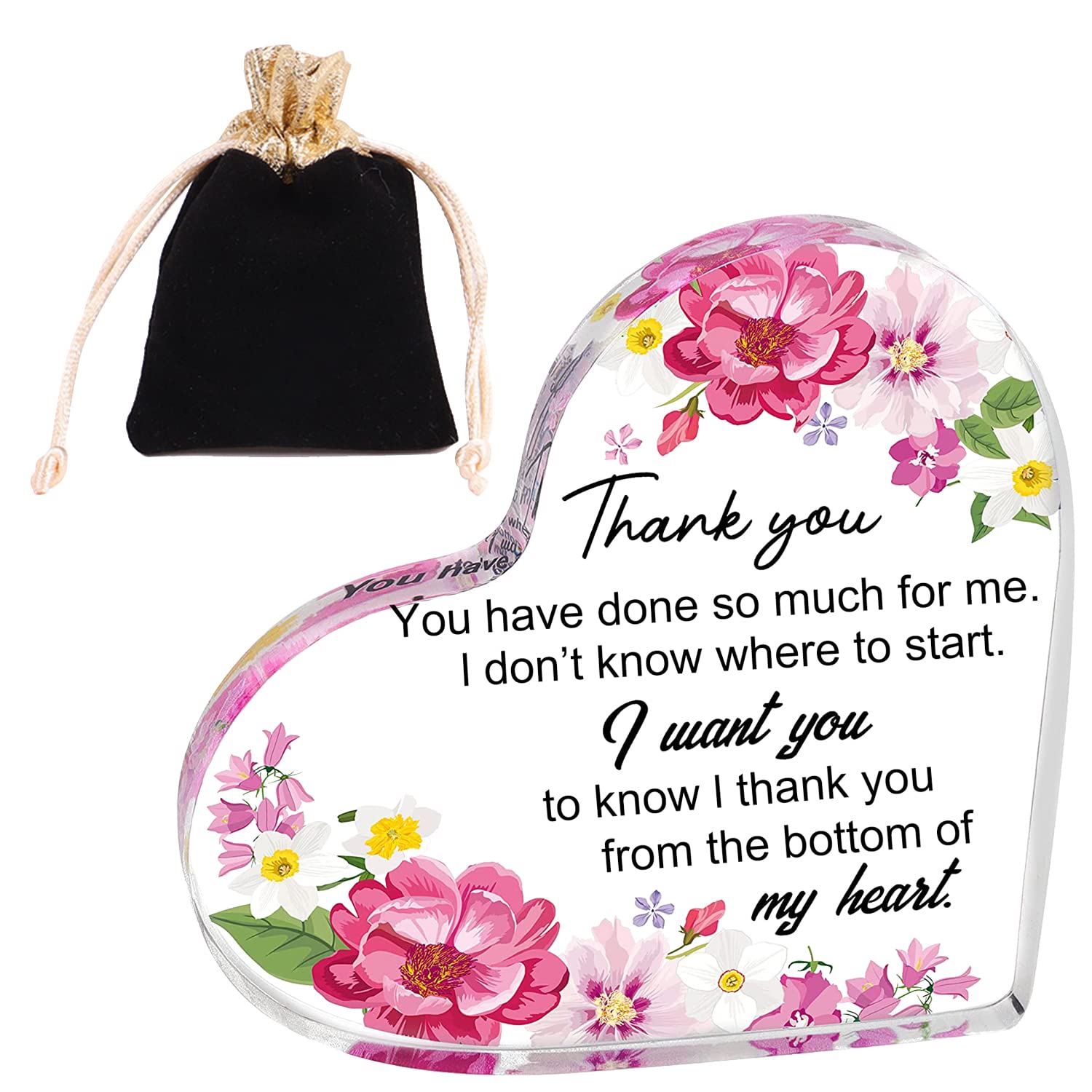 BEIIEB 1pc Heart Shaped Thank You Gift, Transparent Acrylic Decorative Plaque, Thank You Gifts for Women Men, for Thanksgiving, Teacher's Day, Mother's Day, with 1pc Black Flannel Bag with Gold Trim.
