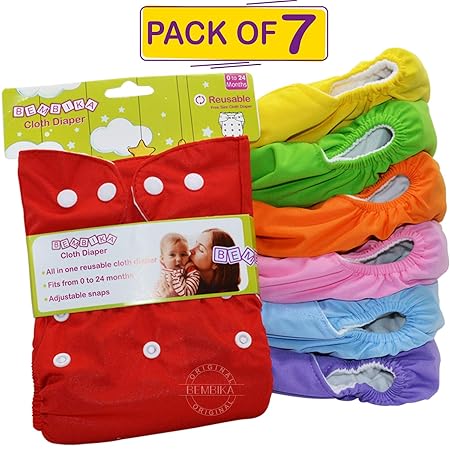 Bembika Baby Pocket Cloth Diapers Reusable Cloth Diapers Washable Adjustable Cloth Diapers One Size Adjustable Reusable (7 Pack) (0-2 Years) (No Inserts Included)