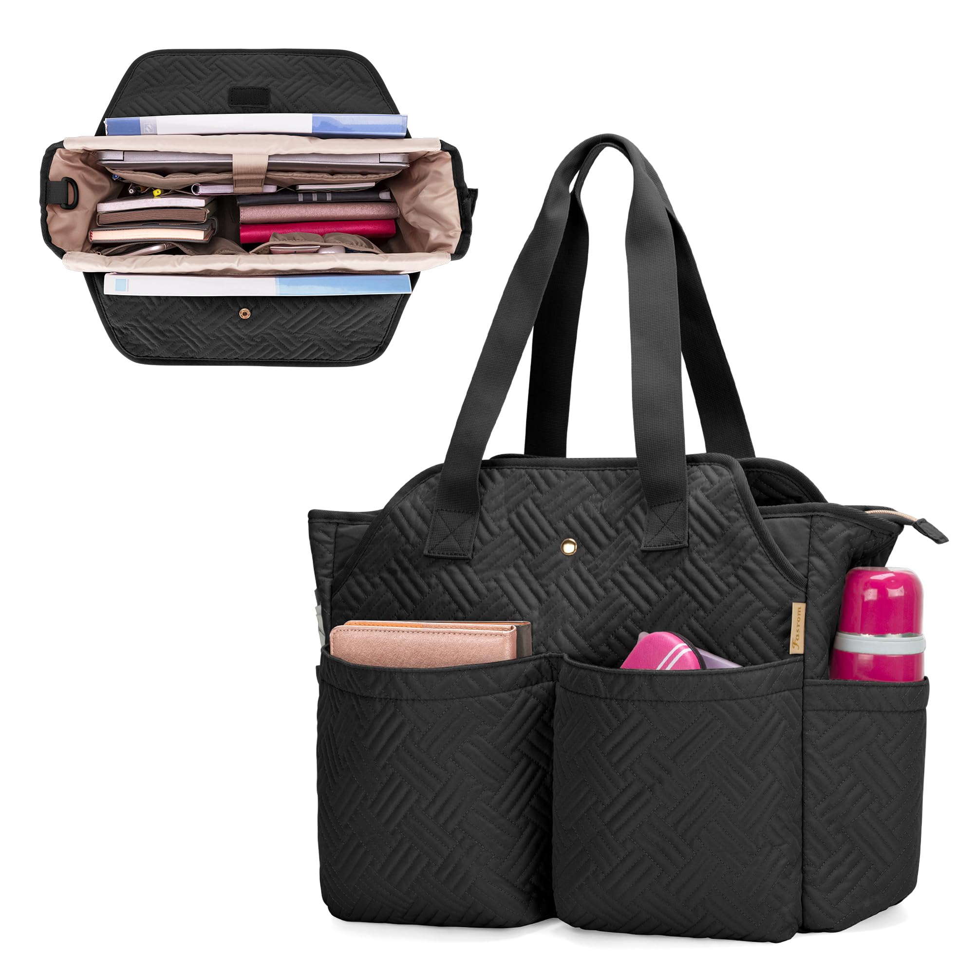 Fasrom Laptop Bag for Work Women Men, Large Utility Tote Bag with Laptop Compartment Messenger Shoulder Bags for Teacher Essentials (Empty Bag Only), Black