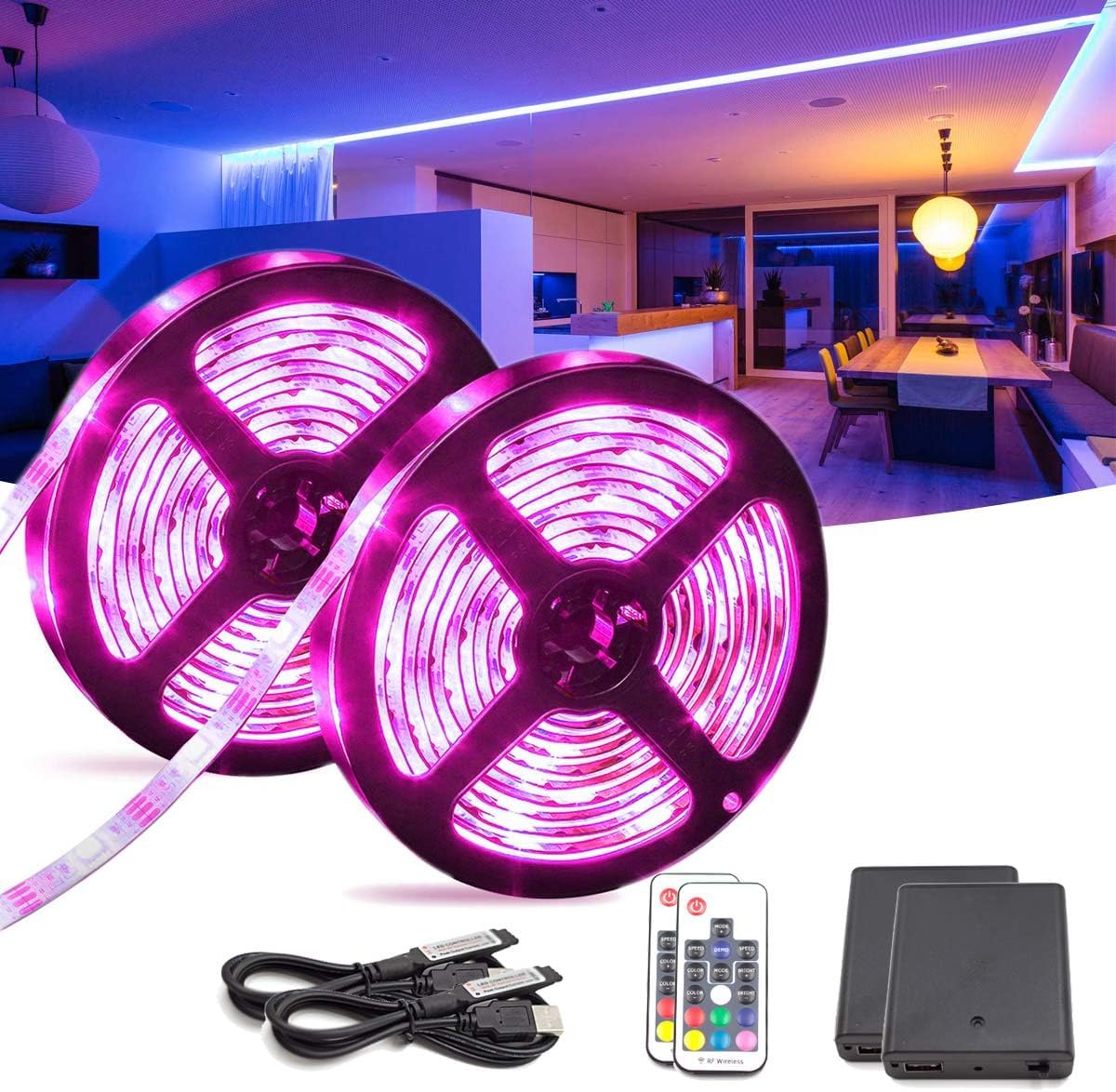 WOWLED Battery & USB 2 in 1 LED Strip Lights, 2 Pack 2m 60LED USB TV Backlights RGB Strips with RF Remote Controller, 2 Pcs Battery Powered Color Changing Lighting