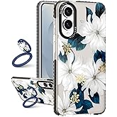 Boaretiu for Samsung Galaxy S25 Edge Case - with Stand Cute Kawaii Fashion 360° Rotate Ring Holder Kickstand Blue Flower for Women Girls Boys Teens Girly for Galaxy S25 Edge Case