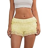Women Y2K Lace Ruffled Shorts Cute Bow Lolita Bloomers Mesh Layered Tiered Frill Bottoms Sexy Sweet Pettipants