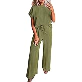 KIRUNDO 2 Piece Sets for Women Dressy Casual Ribbed Knit Short Sleeve Tops Wide Leg Pants Lounge Set Travel Airport Outfits