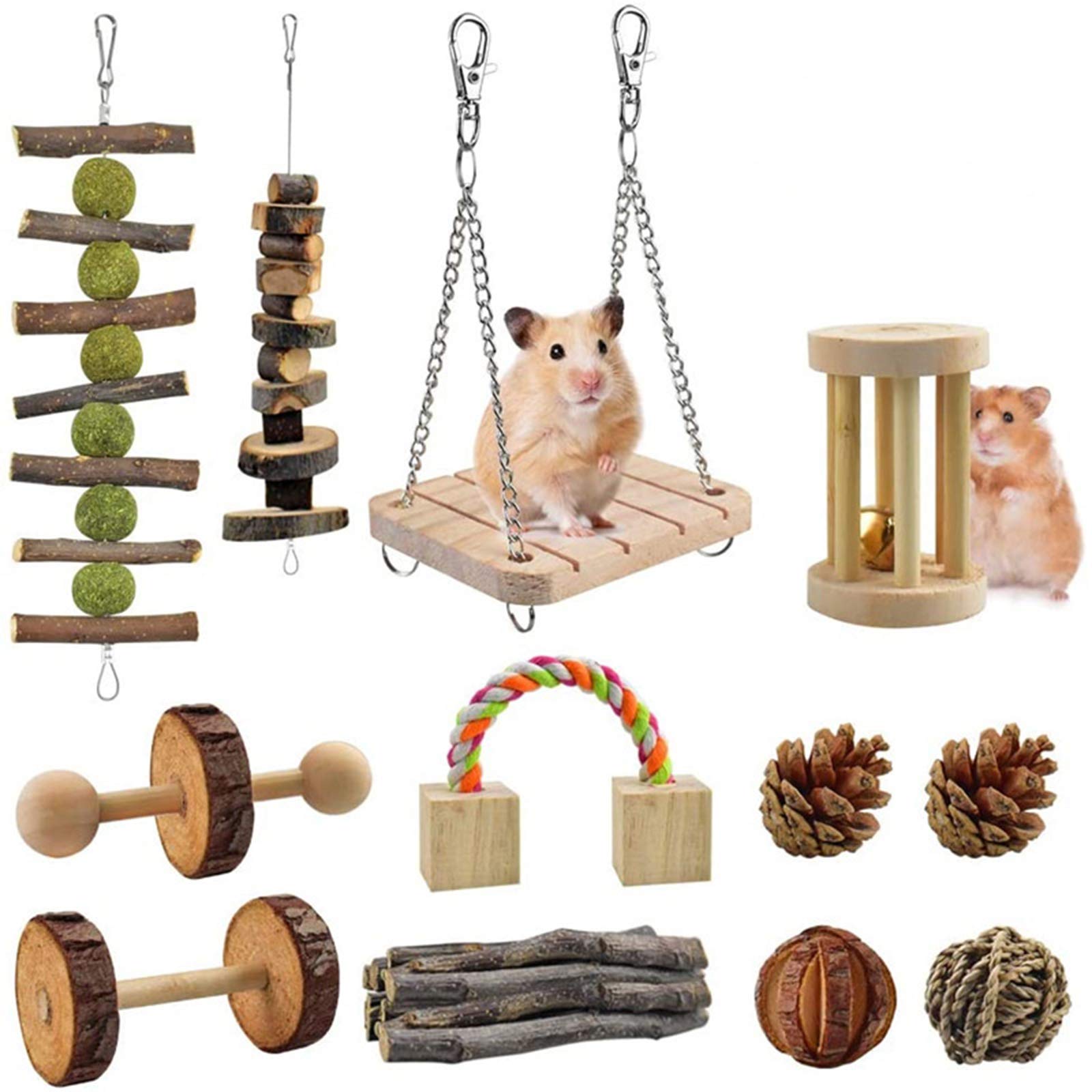 Chikanb12 Pack Hamster Toys for Russian Dwarf Hamsters, Natural Wooden Hamster Toys Syrian for Chew, Pet Chew Ball Toys Accessories, Teeth Care Molar Toy for Syrian Hamster, Gerbil Rat Guinea Pig