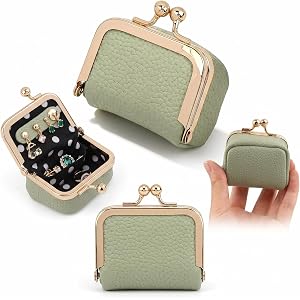 Lanjiesh Vintage Leather Mini Jewelry Case, Portable Kiss Lock Jewelry Organizer Box, Multifunctional Small Coin Purse for Wo