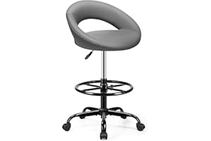 BESTFAIR Drafting Chair for Standing Desk, Height Adjustable Rolling Stool with Backrest & Footrest, Tall 360° Swivel PU Leather Stool Chair with Wheels for Office, Gray