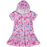 Licupiee Girls Hooded Terry Coverups Zip Up One Piece Swimsuits Sea Animals Print Short Sleeve Ruffle Swim Cover Up Swimwear